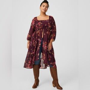 NWOT Torrid Burgundy Floral Semi-Sheer Chiffon Smocked Long Tunic Top 4X 26 (4)